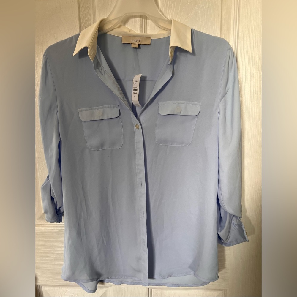 LOFT Baby blue button down with off white collar. Polyester.